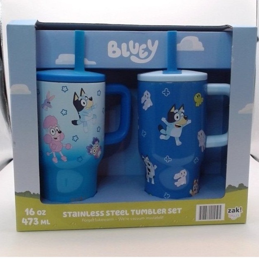 Zak Designs 16oz Stainless Steel Double-Wall Tumbler for Kids with Straw Bluey